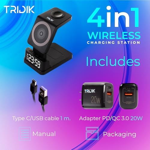 TRIDIK 4-in-1 Wireless Charging Station with Digital Clock & Alarm – 15 W Fast Charger for i Phone, Apple Watch & Air Pods – Includes 20 W Adapter – Ultimate Dock for Enhanced Compatibility & Sleek Design