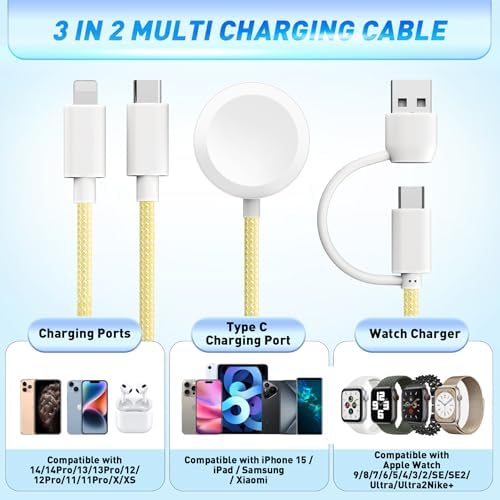 Ultimate 3-in-2 USB C Charging Cable for Apple Watch Ultra, SE & Series 1-8 – 4 FT Multi-Device Fast Charger in Stylish Gray – Sleek, Portable Solution for Effortless Power Anywhere – Streamlined Charging for Smartwatches and More