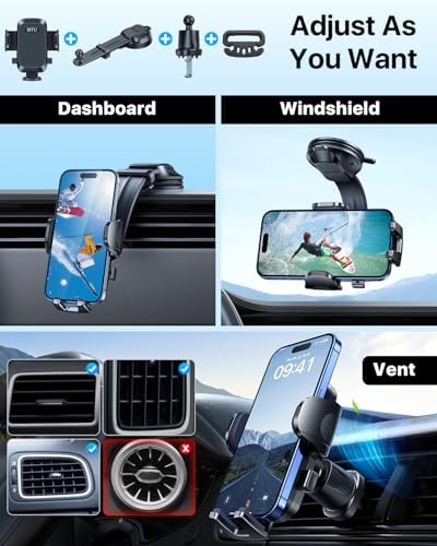 HTU Premium Adjustable Suction Car Phone Holder with Bendable Arm – Ultimate Dashboard and Windshield Mount for i Phone 16, 15, 14, 13, 12 Pro Max (Black) – Secure Grip, 360-Degree Rotation, Enhanced Safety and Usability