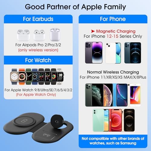 3-in-1 Wireless Charging Station for Apple Devices – Fast Magnetic Charger for i Phone 15/14/13/12/Pro Max/SE/11/XS/XR/8, Apple Watch 9-2, and Air Pods – Streamlined Power Solution for Home and Travel – Sleek, Compact Design for Enhanced Compatibility and Speed