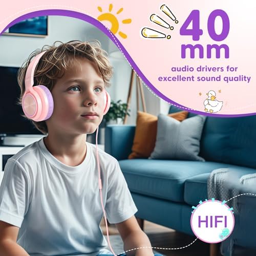 INFURTURE CH5 Kids Headphones – Safe Listening On-Ear Headphones with Volume Limiting Technology for Children, Lightweight and Comfortable Design in Trendy Pink, USB C & 3.5 mm Compatibility for School, Travel, and Home Use – Elevate Your Child’s Audio Experience with Exceptional Sound Quality and Fun
