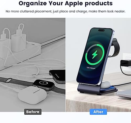 Effortlessly Charge Your Devices with the Stylish Purple Magnetic 3-in-1 Wireless Charging Station for Mag Safe i Phones and Apple Products – Fast, Efficient, and Space-Saving Solution for i Phone, Air Pods, and Apple Watch Users