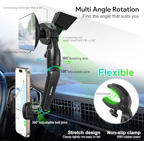 Esoulk – Rear View Mirror Phone Holder for Car, Aluminum Alloy Rearview Mirror Cell Phone Holder Car Mount with Metal Body, Rotatable and Retractable Adjustable Rearview Car Phone Cradle Stand – Enhanced Compatibility and Speed