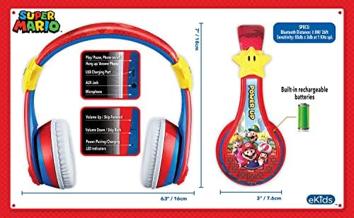 Super Mario Kids Bluetooth Over-Ear Headphones – Safe Volume-Limiting Sound for Young Ears, Adjustable Fit for Growing Kids, Rechargeable with Integrated Microphone for Learning and Travel Fun