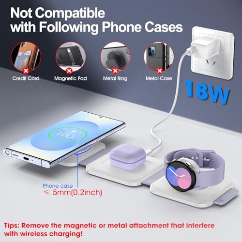 Compact 3-in-1 Foldable Wireless Charging Hub for Samsung Devices – Ultimate Travel Solution for Galaxy S25 Ultra, S24, Z Flip 6/5, Watch 7, and Buds Pro3 – Safe, Sleek, and Efficient Docking Station for All Your Charging Needs – Ideal for Home, Office, and On-the-Go Power Management – Space-Saving Design with Advanced Safety Features – Includes USB Type-C Cable and 18 W Power Adapter – Elevate Your Charging Experience with This Versatile, Multi-Device Station