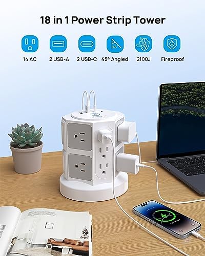 TROND Tower Surge Protector Power Strip – 14 Spacious Outlets & 4 Fast USB Ports (2 USB-C) – 2100 Joules Surge Defense – 6 Feet Versatile Extension Cord for Home Office & Dorm Setup – Streamlined Design for Optimal Charging Efficiency and Device Safety