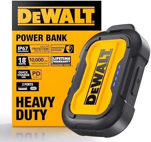 DEWALT 10,000 m Ah Heavy Duty Portable Charger: Fast USB-C Power Bank for i Phone 16/15/14/13 & Samsung Galaxy – Ultimate Durability & Enhanced Charging Speed for On-the-Go Lifestyle