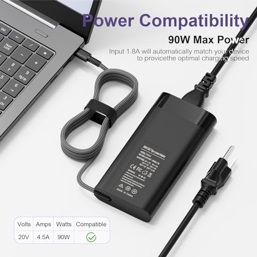 High-Efficiency 90 W USB-C Laptop Charger for HP Spectre x360 and Dell Precision – Universal Power Adapter with Enhanced Output and Safety Features – Fast Charging for Multiple Devices – Compatible with HP 904144-850, 904082-003 and More – Reliable AC Power Supply with 12-Month Warranty and 30-Day Satisfaction Guarantee
