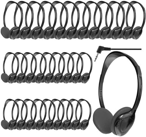 Bulk 30-Pack Adjustable Classroom Headphones – Durable 3.5 mm Jack Earphones with Soft Cushioned Pads for Kids & Adults – Ideal for Libraries and Educational Settings – Enhance Focus & Engagement with Superior Sound Quality and Customizable Fit