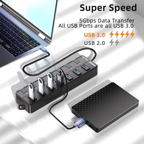 Unlock Ultimate Device Connectivity with VEMONT 7-Port USB 3.0 Hub – Control Each Connection with Individual On/Off Switches and LED Indicators, Enjoy Flexible Setup with 4 ft Cable, Plus Lightning-Fast Data Transfer Speeds of Up to 5 Gbps – The Essential USB Splitter for Modern Laptops and PCs