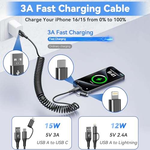 Dual-Connector USB to USB-C and Lightning Coiled Charger Cable – 2-in-1 MFi Certified Fast Charging & Data Syncing Cord for i Phone 16/15/14/13, i Pad & Android Devices – Optimal Performance for Apple Car Play & Android Auto
