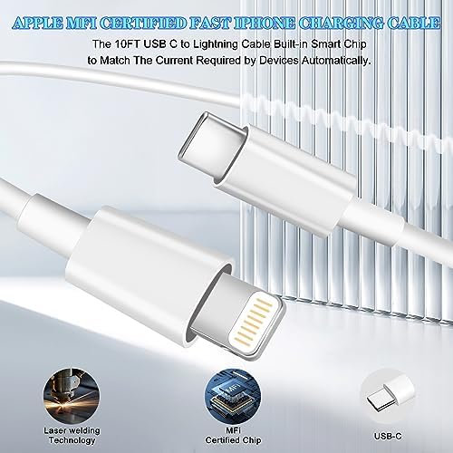 Ultra-Fast Dual Port USB-C i Phone Charger with 10 FT Quick Lightning Cables – High-Efficiency Charging Block for i Phone 14 Pro Max, 13 Pro, 12, 11, XS, XR, 8, SE – Ideal for Home and Travel, 2-Pack for Maximum Convenience and Speed