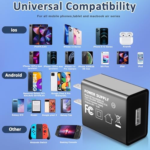 UL Certified 5 V 2 A Fast Charging USB Wall Charger – Compact Travel Adapter 2-Pack for i Phone Models 13-16, XR/XS, Plus, Pro Max & Watch Series 7/8 – Reliable & Portable Power Solution for On-the-Go Charging
