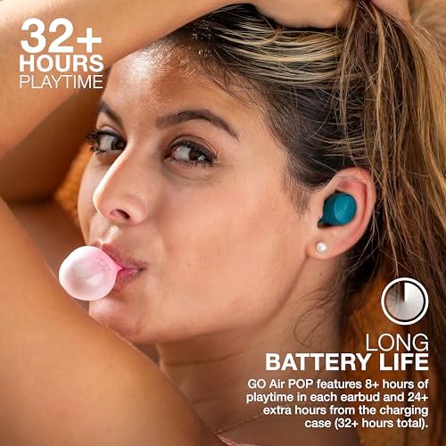 JLab Go Air Pop True Wireless Earbuds – 32 Hours Playtime, Dual Connect Bluetooth Earphones with EQ3 Sound, Lightweight In-Ear Headphones for Ultimate Comfort and Crystal-Clear Calls, USB Charging Case Included, Perfect for Active Lifestyles and Everyday Use