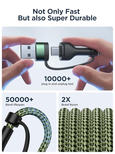 Universal 4-in-1 Multi-Device Charging Cable [2-Pack, 6.6 FT] – 60 W Fast Charging Nylon Braided Lightning & USB-C Cords for i Phone, i Pad, Samsung Galaxy, Mac Book & More – Durable & Tangle-Free Solution for Efficient Powering