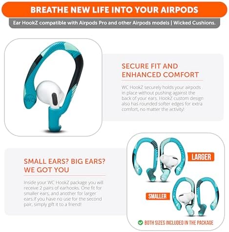 Patented WC Hook Z – Upgraded Over-Ear Hooks for Air Pods Pro 1, 2 & Air Pods 1, 2, 3 | Secure Fit Earbud Accessories with Unique Left & Right Design | Two Size Pairs Included | Winter White | Premium Quality by Wicked Cushions for Maximum Comfort and Stability