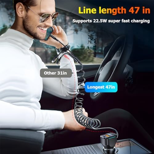 Ultimate 3-Port USB C Car Charger with PD3.0 & QC3.0 Fast Charging – LED Digital Display for Real-Time Monitoring – Coiled Cable Included – Versatile Compatibility for i Phone, Android & More – Sleek Design for Every Vehicle