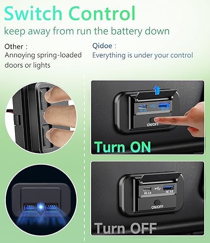 Qidoe PD 20 W Type-C & 18 W QC3.0 Dual Port Car Charger Socket – Waterproof 12 V Surface Mount Adapter for RVs, ATVs, Trucks, and Marine Use – Fast Charging with Button Switch for Ultimate Compatibility and Safety