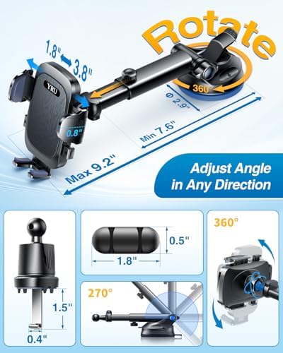YRU 2025 Military-Grade 360° Rotatable Suction Car Phone Holder – Ultimate Dashboard & Windshield Mount for i Phone 16/15 Pro Max & Samsung – Unmatched 90+ LBS Capacity, Enhanced Compatibility & Easy Installation – Secure, Durable, and Versatile Universal Cradle for Safe Hands-Free Navigation