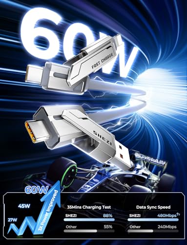 SHEZI 4-in-1 USB C Charging Cable | 240 W Fast Charging Solution for i Phone 16/15 & More | 5 FT Durable Flat Silicone Cord with Lightning, USB-C, USB-A Connectors | Versatile Multi-Device Charger for Home, Office & Travel | Enhanced Compatibility & Speed
