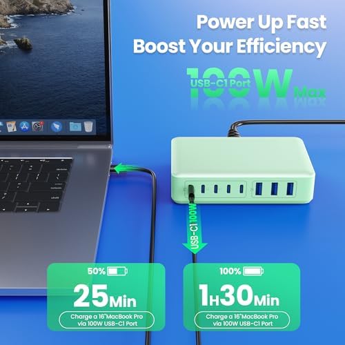 Revolutionary 300 W Ga N IV Technology USB-C Charging Hub – 8-Port Multi-Device Charger for Mac Book Pro/Air, DELL Laptops, i Phone 16/15/14 & Galaxy S25 – Sleek Navy Finish for Enhanced Home & Office Efficiency – Your Premier Solution for Rapid Device Power and Seamless Connectivity