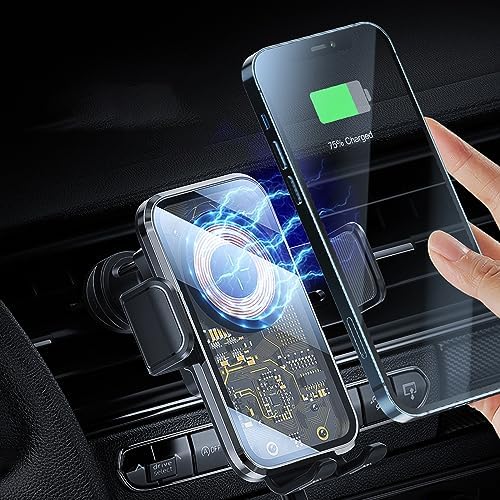 Redmaple 15 W Fast Wireless Car Charger with Auto-Clamping Phone Holder for Air Vent – Effortless Charging & Enhanced Compatibility for i Phone 14/13/12/11 Pro/XR/XS/X/8 – Streamlined Design for Hands-Free Navigation and Safety