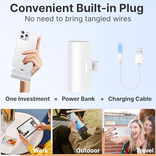 KKD 5000 m Ah Portable Charger for i Phone – MFi Certified Built-in Plug for Fast Charging on the Go, Compact Power Bank for i Phone 14/13/12/11/XR/X/SE/8/7/6/6 s/Pro Max/Plus & i Pad, Sleek Design for Ultimate Portability