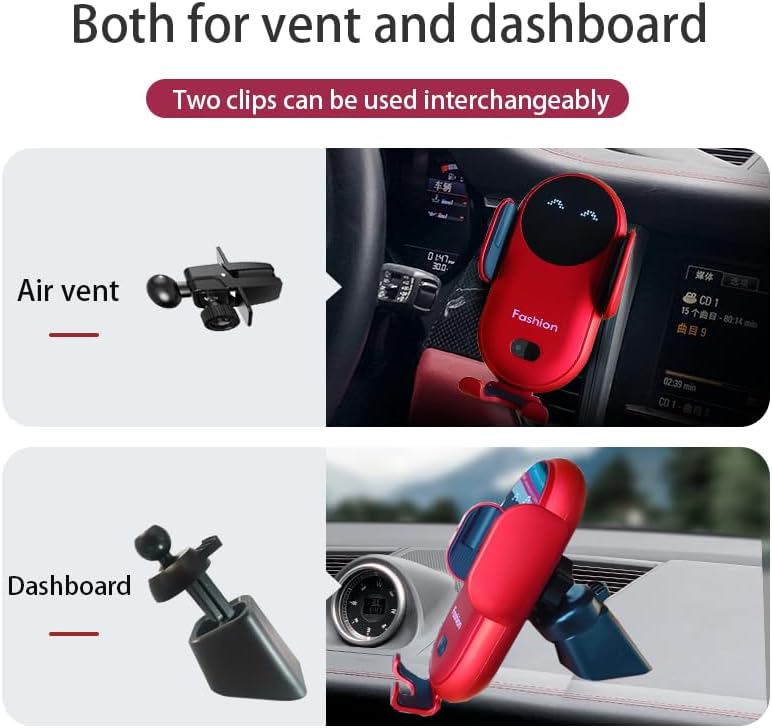 Vibrant Red Automatic Wireless Car Charger Mount – Effortless One-Handed Operation Smartphone Holder for i Phone & Samsung – Rapid Charging for Air Vent or Dashboard Use – Enhance Your Driving with Secure Support & Stylish Convenience