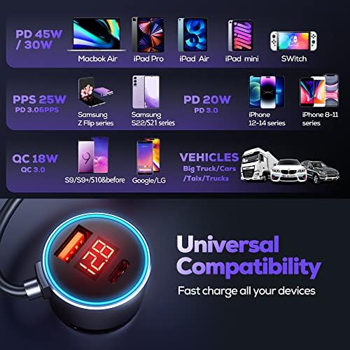 75 W Metal 3-Port USB C Car Charger with Built-in 6 ft Coiled Cable – Super Fast PD & QC3.0 Charging for Samsung Galaxy S22/21, i Phone, i Pad Pro, Pixel, and Android Devices – Universal Compatibility and Enhanced Safety Features for On-the-Go Power