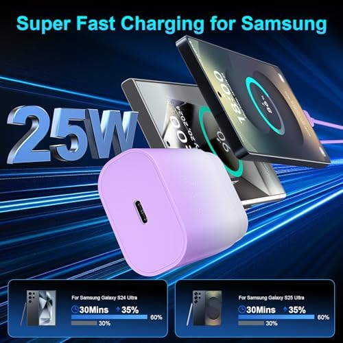 High-Speed 25 W Type C Wall Charger for Samsung Galaxy S25 Series – Includes Dual 10 FT USB-C Cables for Enhanced Flexibility and Safety – Lightning-Fast Charging with Compact Design for Travel Enthusiasts and Everyday Users