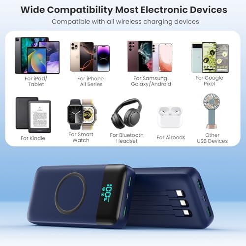 Ultimate 40800 m Ah Multi-Device Wireless Power Bank with Integrated Cables – 15 W Fast Charging Hub for i Phone 16/15/14/13/12 and Samsung Galaxy Series – Exceptional Portability, PD QC 4.0 Technology, LCD Indicator, Lightweight Design for Effortless On-the-Go Power Solutions – Unrivaled Compatibility and Safety Assurance
