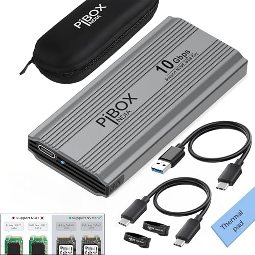High-Speed Pibox India NVMe M2 Enclosure with Fan – USB 3.2 10 Gbps Tool-Free SSD Adapter for 2230/2242/2260/2280 M & B&M Keys – PCI-E NVMe Reader with Enhanced RTL9210 Performance and Heat Dissipation Solutions