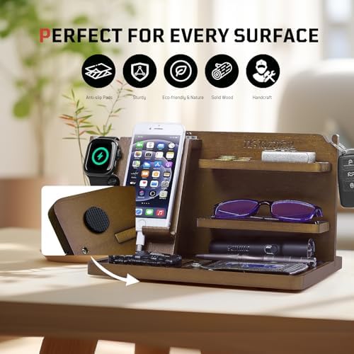 Nightstand Organizer, Wood Phone Docking Station with Adjustable Rack, Bedside Desk Organizer, EDC Tray for Men, Dads, Husbands – Ideal for Anniversaries and Birthdays – Dark Brown – Enhanced Compatibility and Speed