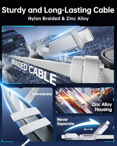 SHEZI 4-in-1 Fast Charging USB C Cable – 60 W Power Delivery with Lightning, USB C, and USB A Ports – 5 FT Durable Flat Nylon Braided Cord – Stylish Pink Design for i Phone, i Pad, and More – High-Speed 480 Mbps Data Transfer Solution for All Your Devices