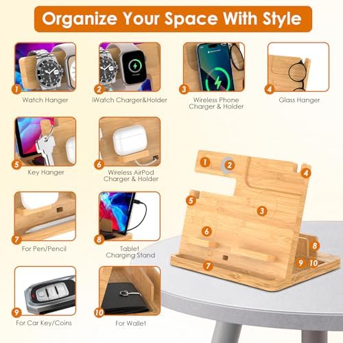 Eco-Friendly Bamboo Multi-Device Wireless Charging Station for i Phone, i Pad & Air Pods – Fast, Sleek, and Versatile Charger Stand for All i Phone Models 14/13/12/11 Pro Max/X/Xs Max/8, Air Pods Pro, & i Watch Series SE, 2-8 – Enhance Your Workspace with Sustainable Power Solutions