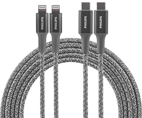 PHILIPS 3 Ft USB C to Lightning Charging Cable – Fast Charging Cord for i Phone 14/13/12 & Air Pods Pro, Durable Braided Design in Sleek Gray – Enhanced Durability and Rapid Power Delivery for Apple Devices