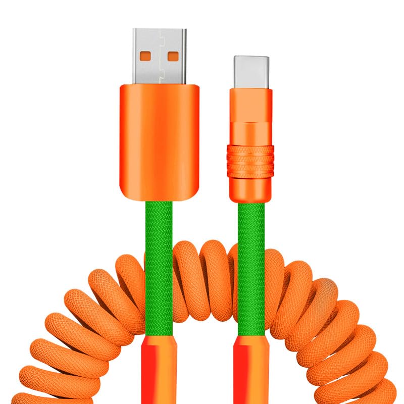 Dynamic Curly Chubby Coiled USB C Cable: 240 W Fast Charge Retractable Spiral Braid Cord for Carplay & Android Auto, Versatile Length 2.29 FT to 3.6 FT, Sleek Black and Red Design, Enhanced Compatibility for All USB-A to Type-C Devices