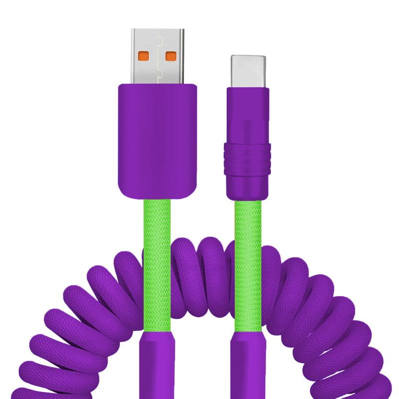 Dynamic Curly Chubby Coiled USB C Cable: 240 W Fast Charge Retractable Spiral Braid Cord for Carplay & Android Auto, Versatile Length 2.29 FT to 3.6 FT, Sleek Black and Red Design, Enhanced Compatibility for All USB-A to Type-C Devices