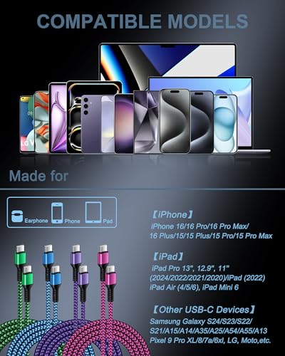 6 FT Samsung Fast Charging Cable (5 Pack) – Universal USB C to C Cord for i Phone 16 Series & Galaxy S25 Ultra – Durable Nylon Braided Design for Quick and Reliable Charging in Car and Home – Enhanced Compatibility with Pro, Max Models & More