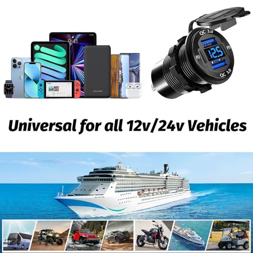12 V USB Charger with LED Voltmeter – Premium 4-Port Aluminum Alloy Outlet Featuring Dual PD3.0 & QC3.0 Fast Charging for Cars, Boats, RVs, and More – Ultimate On-the-Go Power Solution (Pack of Two)