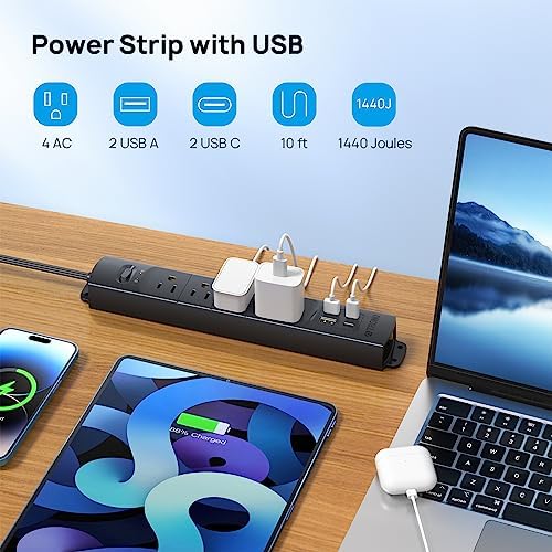 Ultra-Slim TROND Surge Protector Power Strip with 3 USB Ports & Type C – 4 AC Outlets for Maximum Device Protection & Charging Speed – 1440 J Surge Defense, ETL Listed, Space-Saving Wall Mount Design for Home Office & Dorm Use – Versatile Power Management Solution in Elegant Black