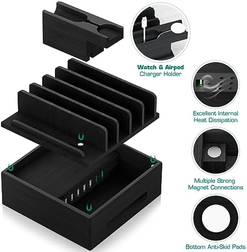 Sustainable Bamboo USB Charging Hub with 7 Ports – Elegant Multi-Device Organizer for Smartphones, Tablets, Smartwatches, and Earbuds – Fast Charging Solution with Dedicated Holders for Tidy Power Management and Stylish Home Décor