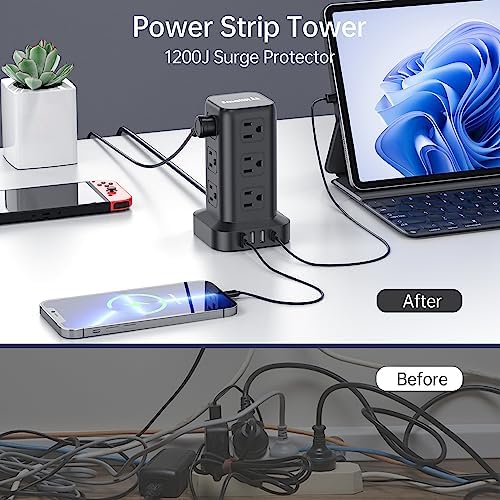 15 FT USB C Surge Protector Power Tower with 12 AC Outlets & 4 Rapid Charging USB Ports – Ultimate Overload Protection for Home and Travel Efficiency – Compact, Versatile Charging Solution for Modern Devices