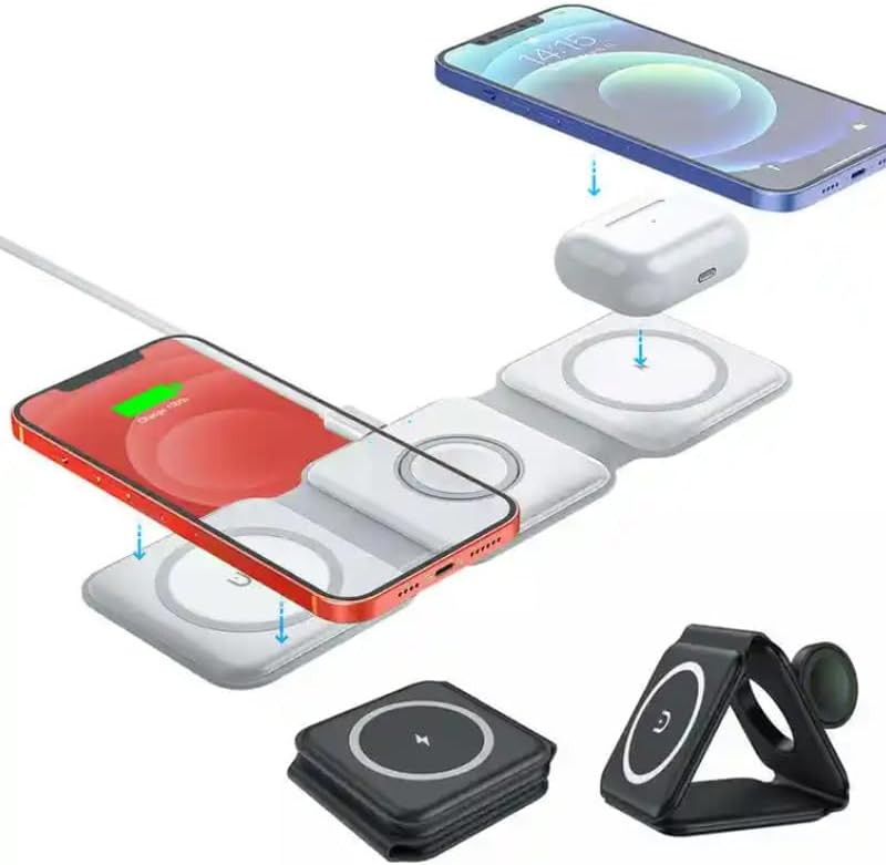 Watashiqi 3-in-1 Magnetic Travel Wireless Charging Station – Fast Charging Convenience for i Phone 16/15/14/13/Pro/Max, Apple Watch, Air Pods & Samsung Galaxy – Enhanced Ga N Technology for Rapid Power Delivery, Compact & Portable Design for On-the-Go Use