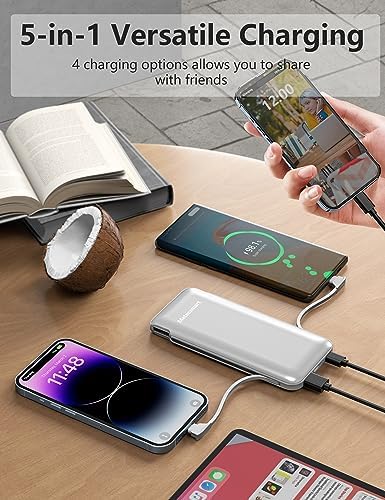 Dual 10000 m Ah Portable Power Bank Set with Built-In Cables and Fast Charging – Travel-Ready USB-C Charger for i Phone & Android Devices in Sleek White & Purple Design – Ultimate Compatibility for On-the-Go Power Solutions