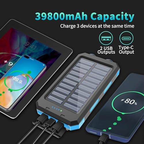 Ultimate 39800 m Ah Solar Power Bank: Fast-Charging Portable USB-C Charger with Built-in LED Flashlight & Compass – Robust Outdoor Companion for All Devices with Dual Recharge Options and Intelligent Safety Features