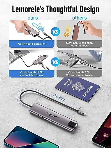 Enhance Your Workflow with Lemorele 9-in-1 USB C Hub Multiport Adapter – Gigabit Ethernet, 100 W PD Fast Charging, 4 K HDMI Output, 3 USB 2.0 Ports, 5 Gbps USB C Data Transfer, SD/TF Card Reader – Perfect Docking Station for Mac Book, Lenovo, HP & Dell Laptops