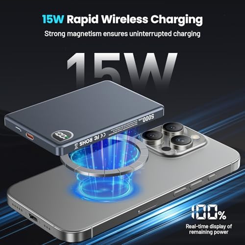 Ultra-Slim 5000 m Ah Magnetic Power Bank with Built-In USB-C Cable – 22.5 W Fast Charging Solution for i Phone 16/15/14/13, Samsung Galaxy, and Android Devices – Lightweight Design, Smart Thermal Regulation, and Universal Compatibility for Effortless On-the-Go Charging