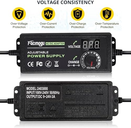 Universal 24 W Adjustable AC to DC Power Supply Adapter – Multi-Voltage Solution for 3 V, 5 V, 9 V & 12 V Electronics – Ideal for LED Lights, Fans, and More with Advanced Safety Features and Regulated Output