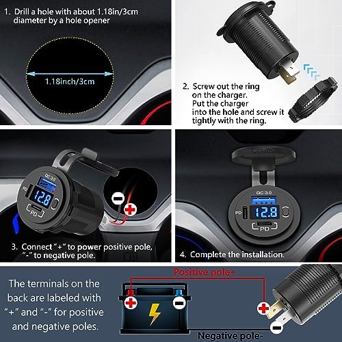 Dual PD 30 W & QC3.0 18 W Car Charger Socket – Qidoe 12 V Waterproof USB Outlet with Integrated Voltmeter for Boats, RVs, and Vehicles – High-Speed Charging and Enhanced Compatibility for All Your Devices